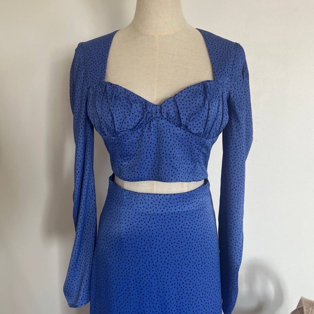 Blue Polka Dot Long Sleeve Crop Top